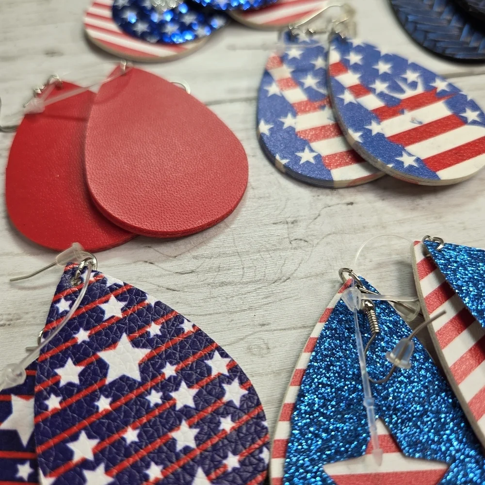 Patriotic Ten Earrings Set Red Blue Silver White Glitter Americana